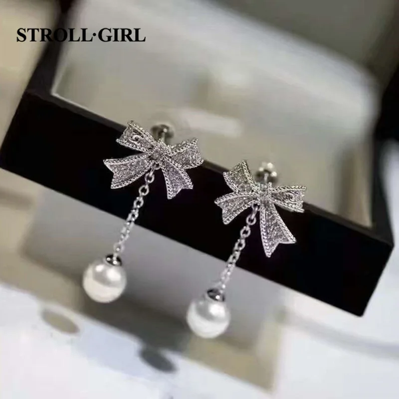 

StrollGirl New trendy earrings pearls 2019 Sterling silver 925 cubic zirconia Bowknot Stud Earrings for Women New Arrival