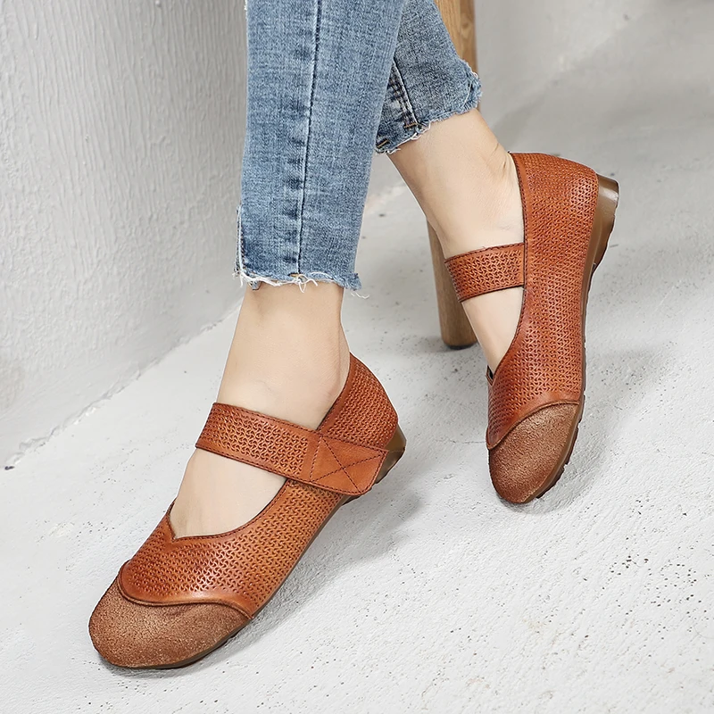 

Fretwork Lady Flat Shoes New Arrival Natural Cow Leather Women Shoes Breathable Leisure Female Hook & Loop Shoes