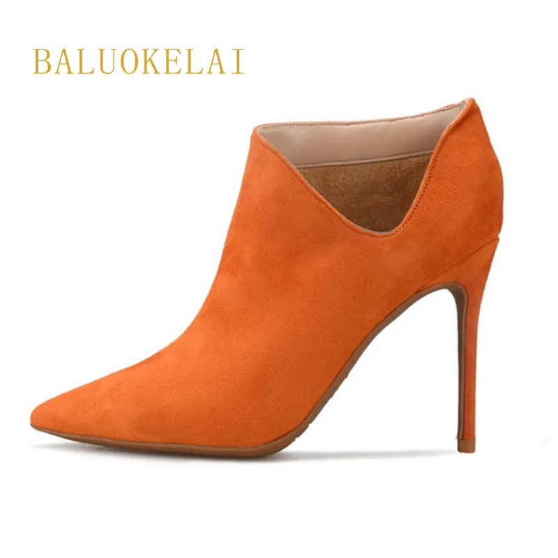 

Woman Pointed Toe Boots Flock Material Orange Fashion Shoes 10CM High Heels Quality ankle boots,K-020