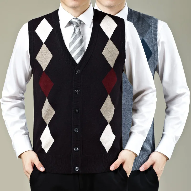 2016 New design autumn and winter mens cashmere sleeveless argyle cardigan sweater vest(China (