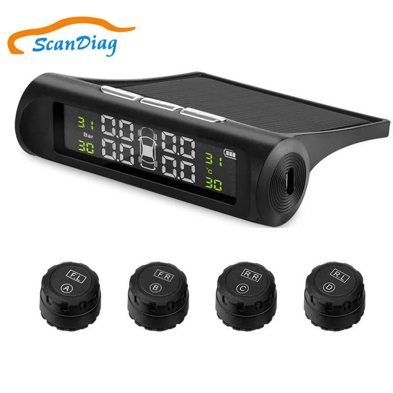 

Solar Power TPMS Car Tire Pressure Alarm Monitor System Wireless LCD Display Car 4 External Sensor Temperature Alarm