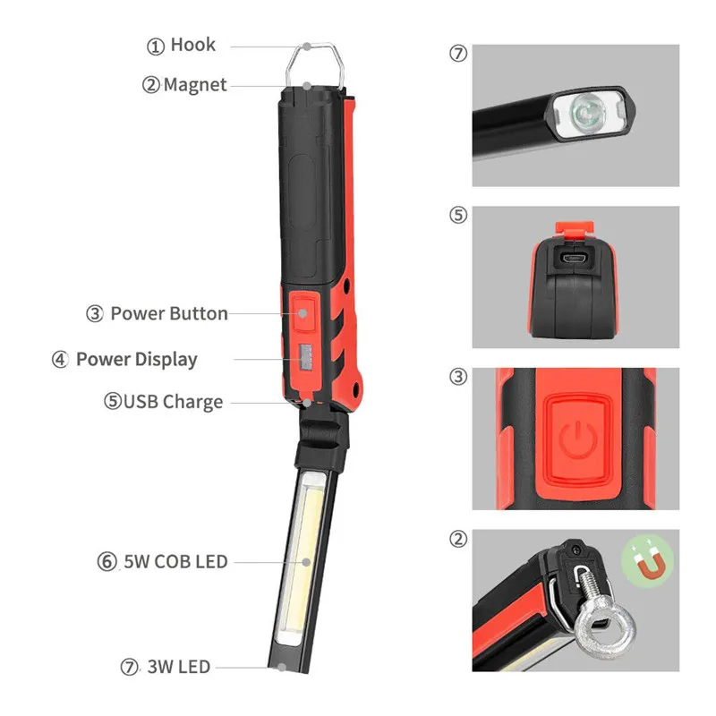 2000mAh COB Foldable Work Light Rechargeable led focus Rechargeable Portable Spotlight with 270° Rotation USB Lamp Searchlight (11)