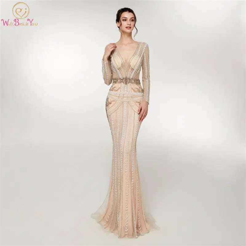 

2019 New Fashionable Deep V Neck Evening Dresses Champagne Beaded Crystals Mermaid bolero Women Long Sleeves Tull Party Gown