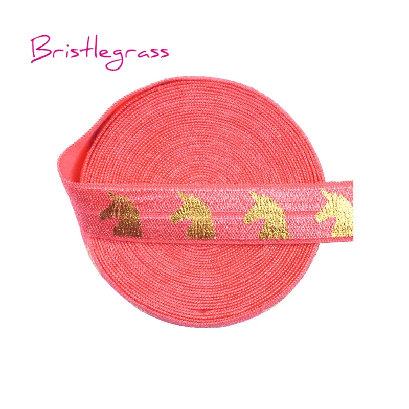 BRISTLEGRASS 100 Yard by Roll 5/8" 15mm Gold Unicorn Foil Print Shiny Fold Over Elastics FOE Spandex Bands Headband Dress Sewing