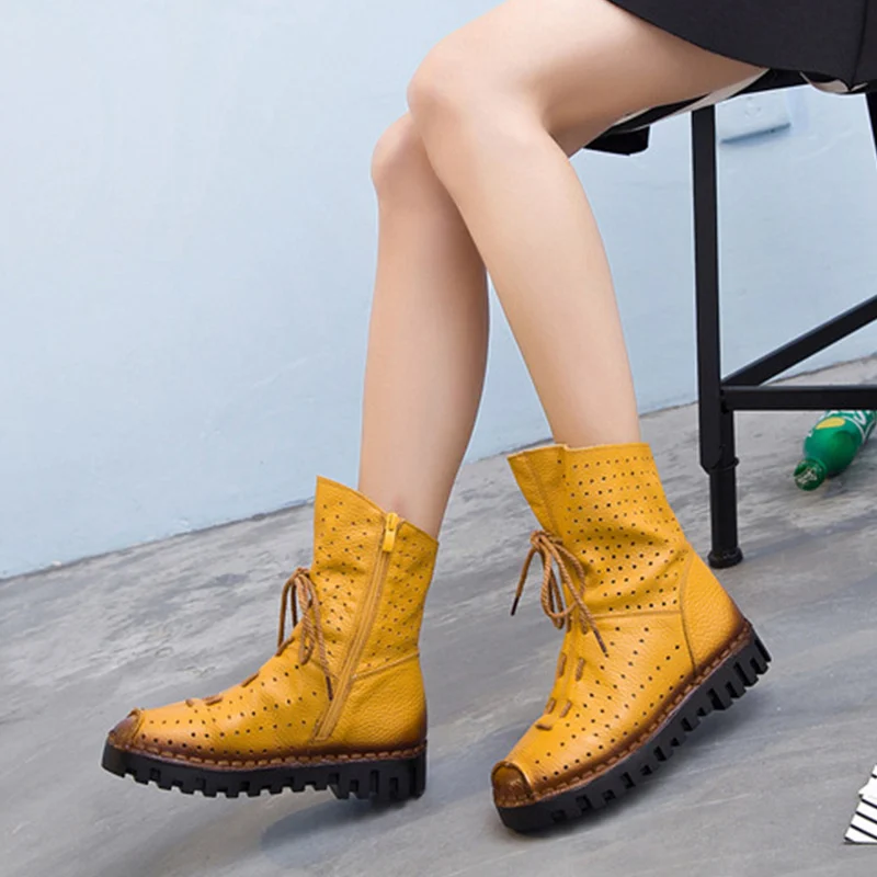 

Autumn Women Flat Platform High Top Boots Zipper Lace Up Mid Calf Cut Out Female Shoes Breathable Casual Ladies Footwear 2018