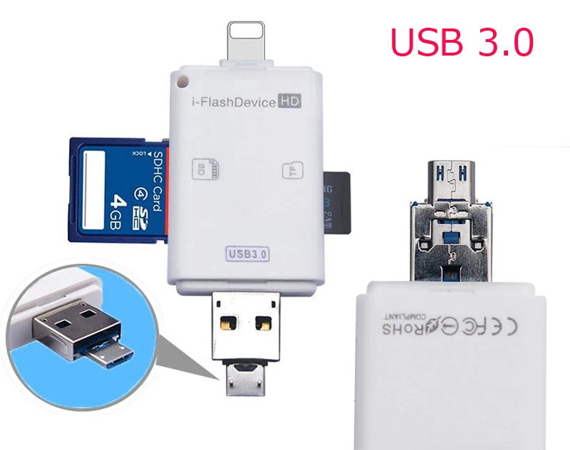 

USB3.0 i Flash Drive Micro USB SD SDHC TF Card Reader for iPhone X 8 PLUS 7 6S 6 5S for iPad, USB 3.0 Android Phone Card Reader