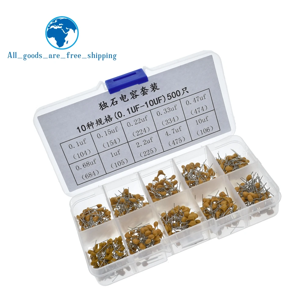 

TZT 500pcs/lot 10Values*50pcs 0.1uF-10uF(104~106) 50V Multilayer Ceramic Capacitors Assorted Kit Assortment Set with Storage Box