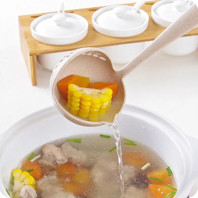 FHEAL 2 in 1 Creative Wheat Straw Soup Spoon Long Handle Lovely Porridge Spoons with Filter Dinnerware Kitchen Colander Tools (8)