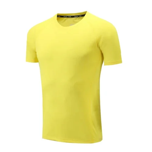 Брендовая спортивная одежда Для мужчин спортивные костюмы Спортивная, с коротким рукавом футболки Ткань отводящая влагу Футболка Для мужчин Фитнес футболки и плотный облегающий Топ Спортивная одежда - Цвет: yellow