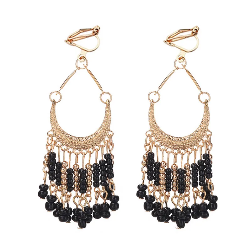 

JIOFREE 5 Color bohemian colorful beads long Tassel Earrings Statement Bohemian Clip on Earrings For Women Party Holiday Jewelry