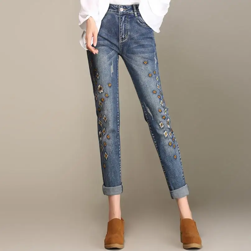 Осень штаны-шаровары свободные джинсы женские большие размеры вышитые цветы джинсы 9xl