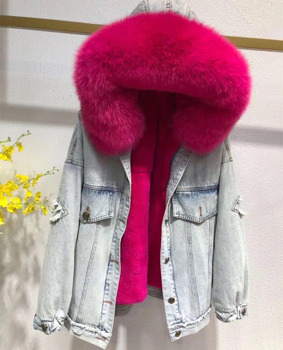 

2019 New Winter Women's Real Fox Fur Hooded Denim Jacket Rex Rabbit Fur liner Winter Parka Coats Plus Size