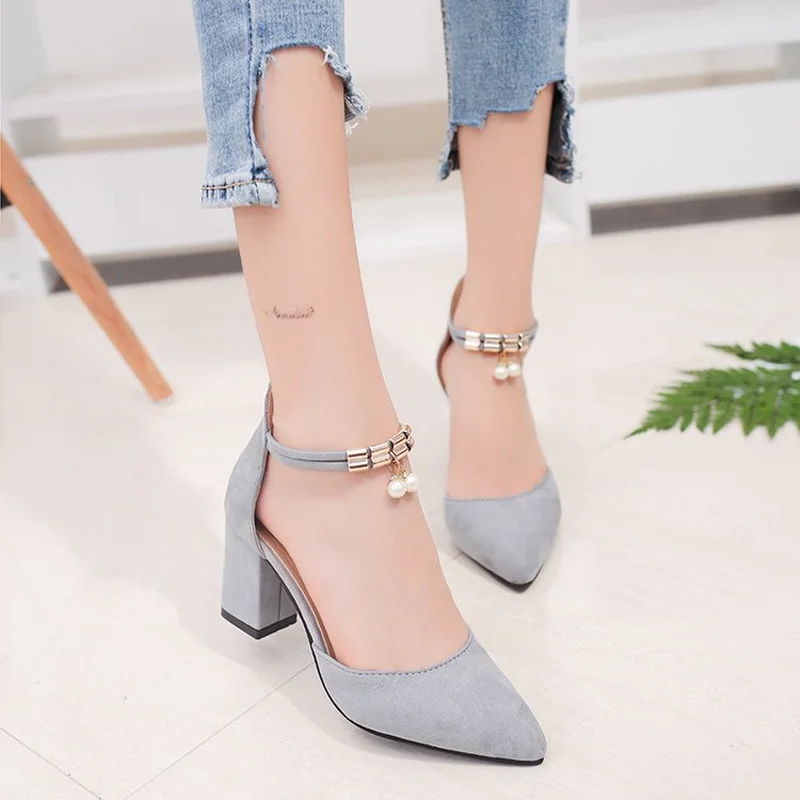 

2019 new wild high heel women thick with shallow mouth women's shoes one word buckle with rhinestone pointed women's shoes