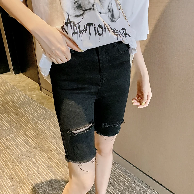 2020 летние корейские модные короткие джинсы для девочек с дырками обтягивающие