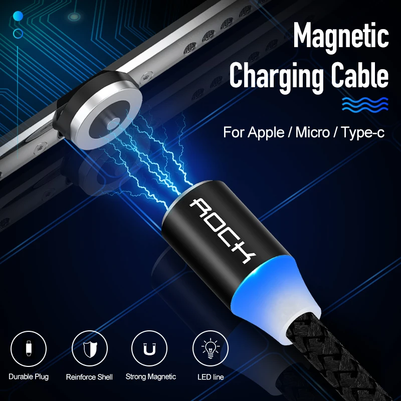 

ROCK Metal Magnetic USB Cable Lighting Led For IPhone Type C Cord Micro Phone Charger Lighting For Xiaomi Huawei Android Phone