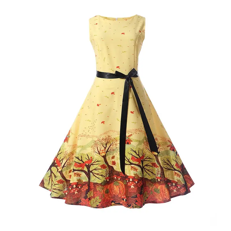 Для женщин летнее платье Контрастность Цвет одежда цветочные одеяние ретро качели Повседневное 50 s Винтаж рокабилли Платья для женщин Vestidos