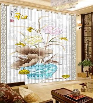 

3D Curtains Bed Room Living Room Office Hotel Cortinas Vase, Gray Lotus Leaf, Colored Lotus Custom Any Size 3D Curtain Blackout