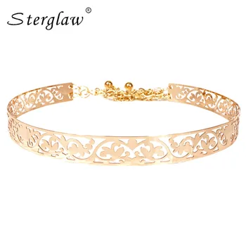 

European hollow flower pattern metal gold Wide belts women with tassels 2020 decorated dress modeling girdle female belt J018