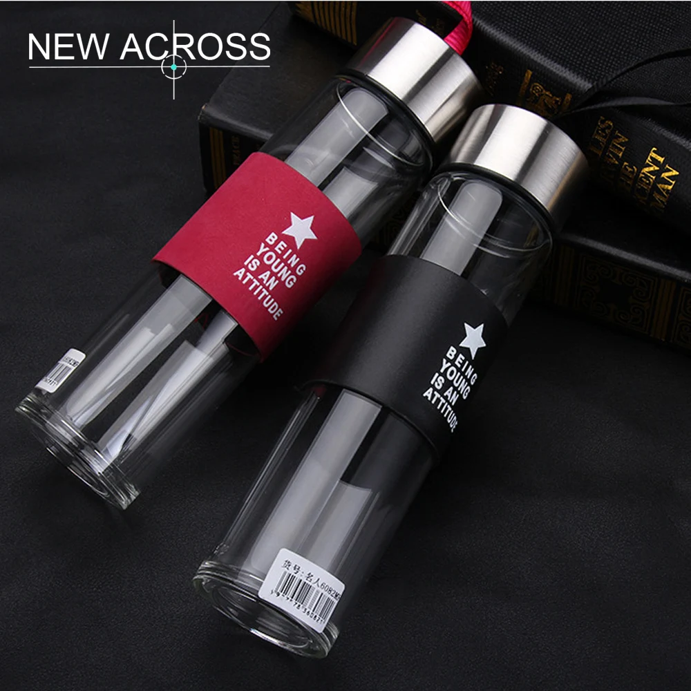 

JUH 1Pcs Straight Tube Type 450ml Food Grade Glass Water Bottle With Non-Slip Anti Scald Sports Bottle Customized In Bulk