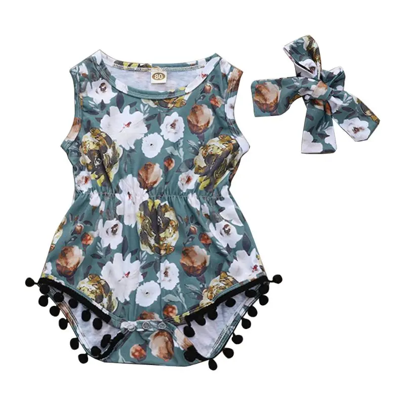

Children Suit Flower Print Pattern Plush Ball Onesies Clothes Hair Band Kids Girls Floral Suits Seaside Style Vacation Holiday