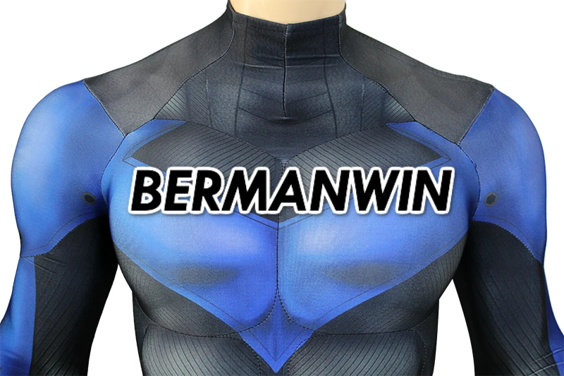 BERMANWIN Высокое качество 3D печать на заказ костюм Nightwing костюм с подкладка для мышц Batman: Arkham City Взрослый мужской косплей