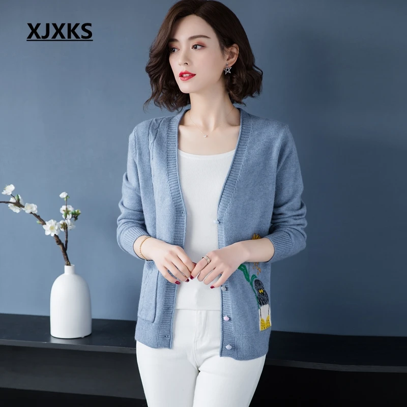 XJXKS Autumn Cardigan Women Casual Single-breasted Wool Sweater Pocket V-neck Long Sleeve Knitted Women Sweater Coats - Цвет: Синий