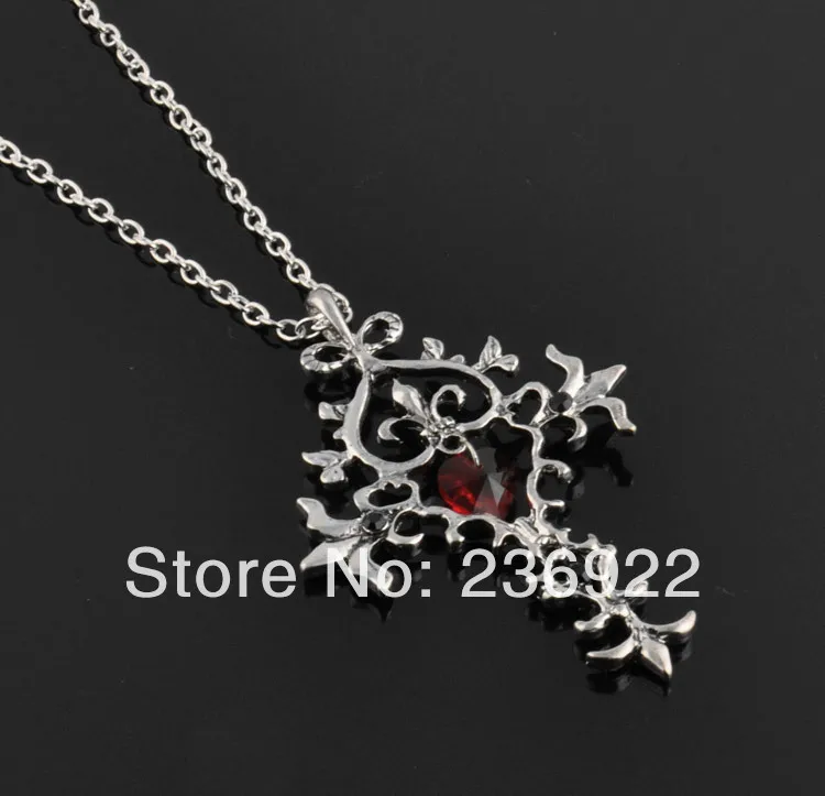 

ZRM 20pcs/lot Wholesale Hot Vampire Diaries Vintage Unique RED Sacred Heart Crystal Cross Necklace Pendant Necklaces