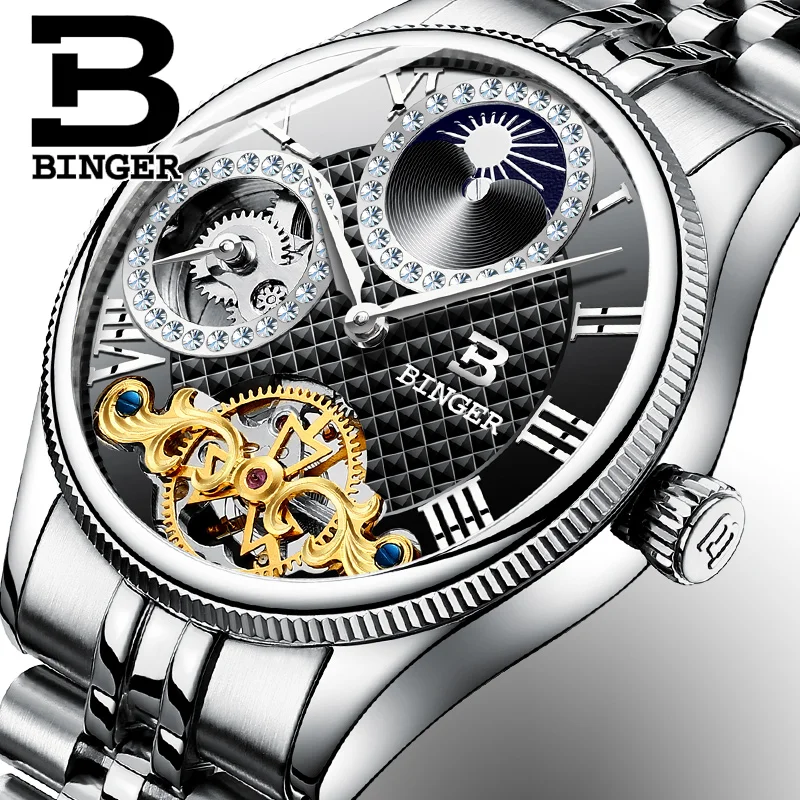 2017 New Mechanical Men font b Watches b font Binger Role Luxury Brand Skeleton Wrist Waterproof