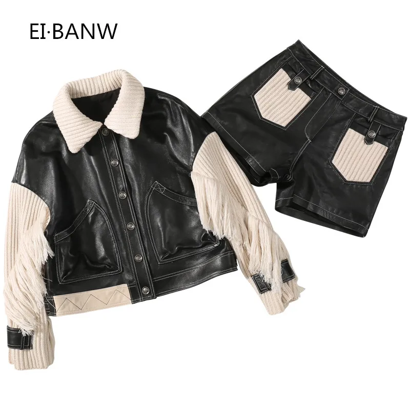 Women's Short SheepskinKnitted Fringe Sleeve Jacket Thin Shorts Leather Set Genuine Leather Jacket  Genuine Leather Jacket