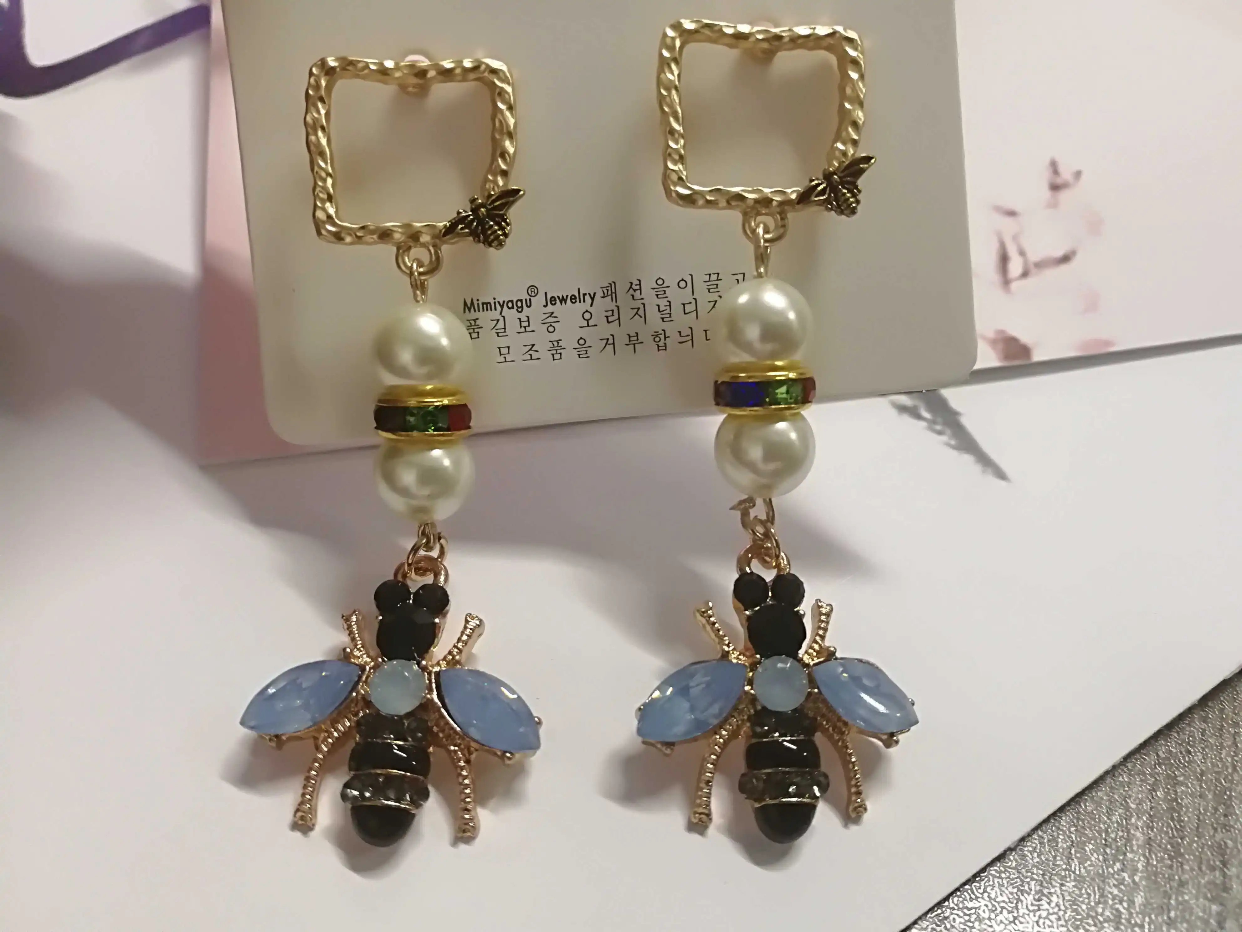 

korean gold plated luxury crstyal pearl bee drop dangle earrings jewelry for women