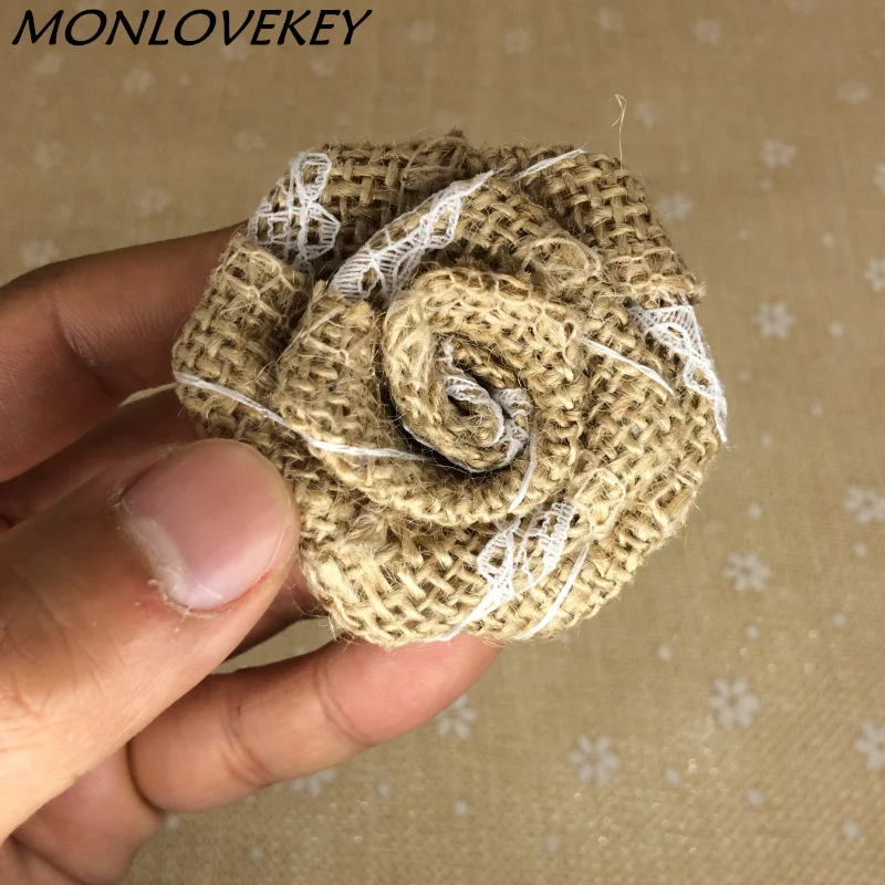 

New Design 10pcs Handmade Jute Hessian Burlap Flowers With Lace Rose Chic Wedding Decor Event & Party Supplies Free Shipping