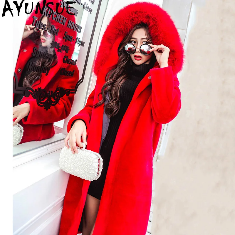 

AYUNSUE Winter Fox Fur Collar Coat Women Sheep Sheared Wool Coat Long Hooded Warm Red Female Jacket Manteau Femme Hiver KJ517