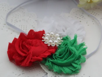 

10pcs/lot Christmas Gift Red Green White Shabby Chic Flowers Rhinestone Skinny Elastic Headband,Hair Accessory Free Shiping