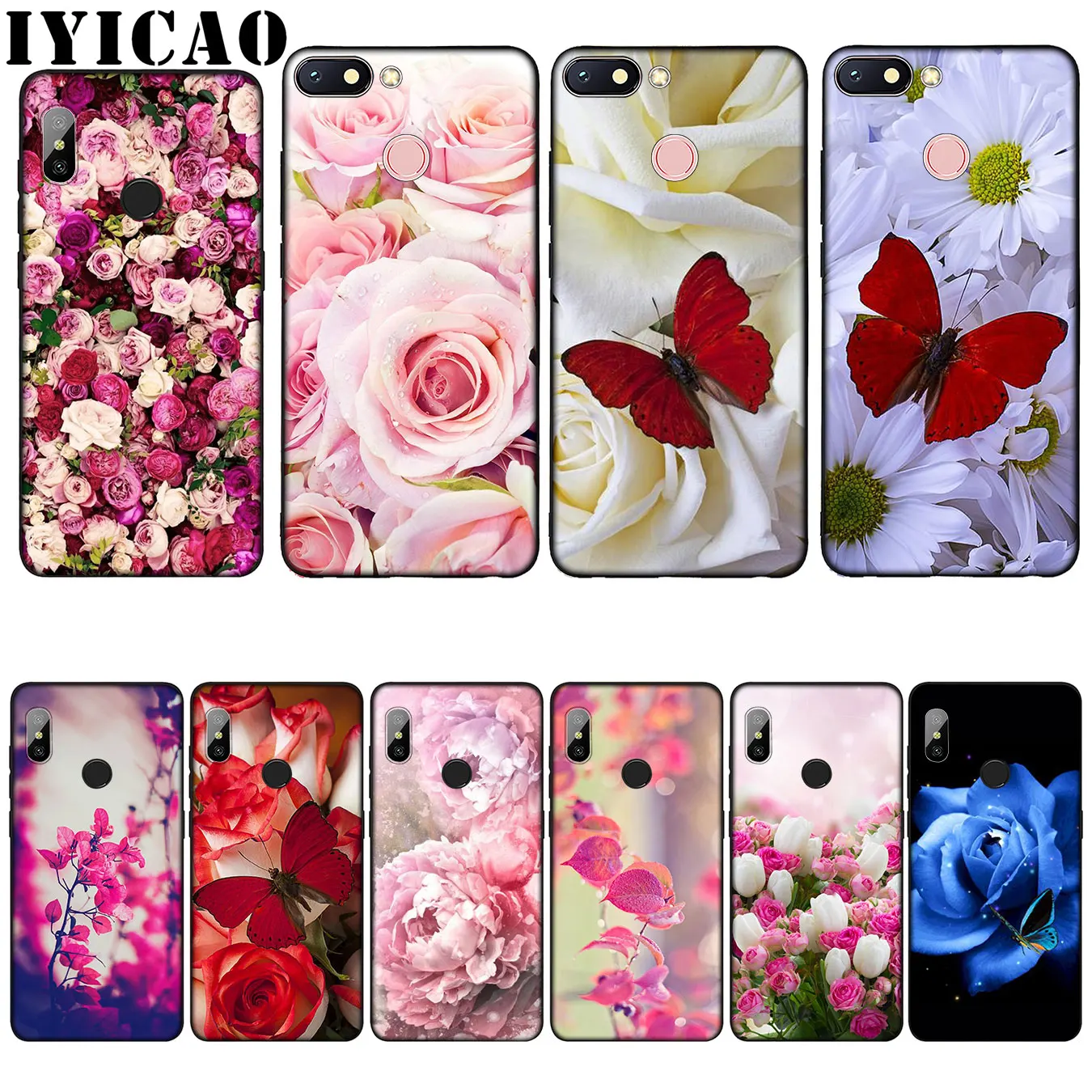 

IYICAO Red butterfly on roses flower Silicone Soft Case for Xiaomi Redmi 6A 5A Note 7 4 4X 5 Plus 6 Pro Black TPU Cover