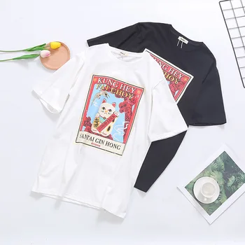 

New Small tomato custom plutus cat cartoon printing round collar loose fleece short sleeve T shirt