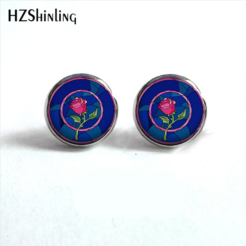 

NES-0045 Red Rose Stud Earrings Flowers Rose Ear Studs Beauty and the Beast Earring Glass Dome Earrings For Women HZ4