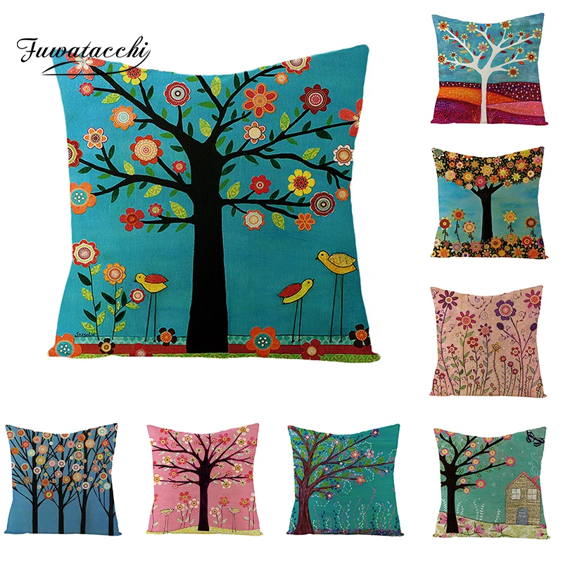 

Fuwatacchi Natural Linen Cartoon Plants Cushion Cover Floral Birds Trees Owls Throw Pillow Cover Square 45X45 Pillowcases