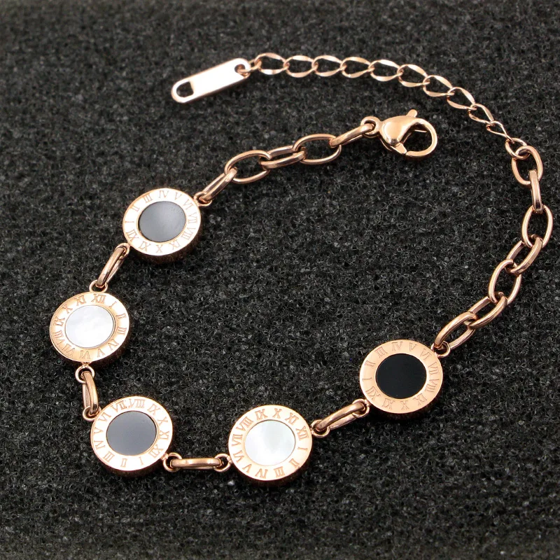 

Fashion Better Shell Roman Numerals Five Round Chain Charm Bracelet Bangle Stainless Steel Rose Gold Color Woman Party Gift