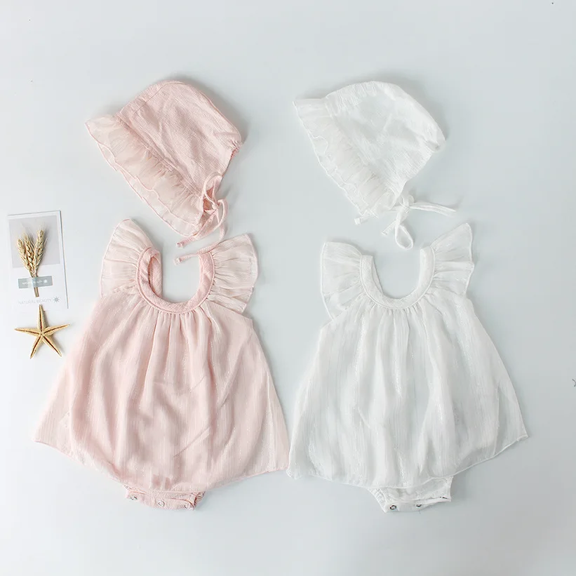 

Everweekend Sweet Baby Girls Tulle Fly Sleeve Rompers with Hats Candy White Pink Color Summer Infant Baby Clothes
