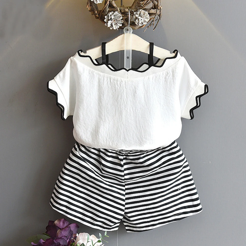 

2019 Summer Boutique Girls Clothing Kids Girls Clothes Set Toddler Girls 2pcs Set Kids Condole Belt Top+Stripe Shorts Outfits