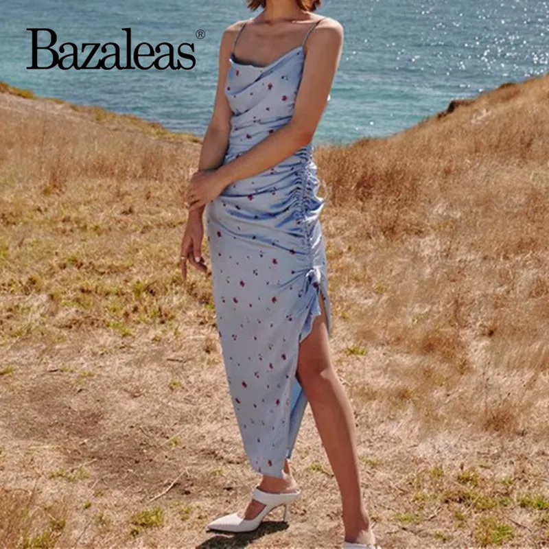Bazaleas боковая шнурок vestidos винтажное атласное синее летнее платье с цветочным принтом, как шелковое платье на тонких бретельках женское платье прямые поставки