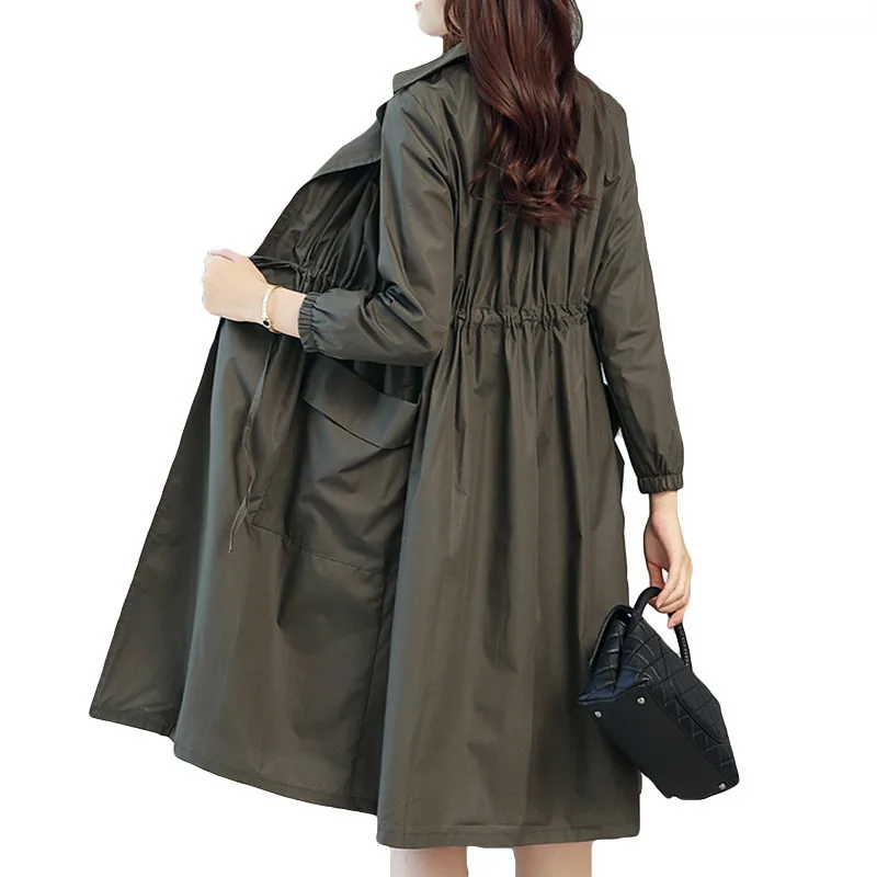 

Spring women trench coat Korean Leisure lapel Drawstring Waist Woman outwear Long temperament solid thin windbreaker coats YZ823