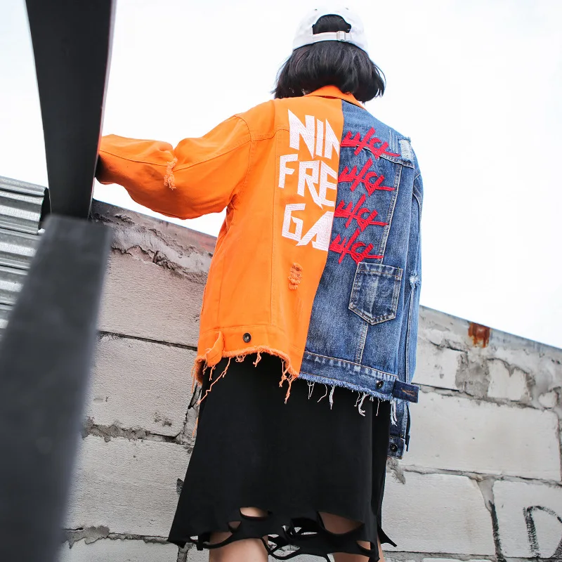 Harajuku Veste Pour Décontracté Lâche Femme Vêtements Camel Trou Jean Imprimer Hop Streetwear Hip Spliced Denim Manteau Déchiré Mode Femmes n8w0OvmN