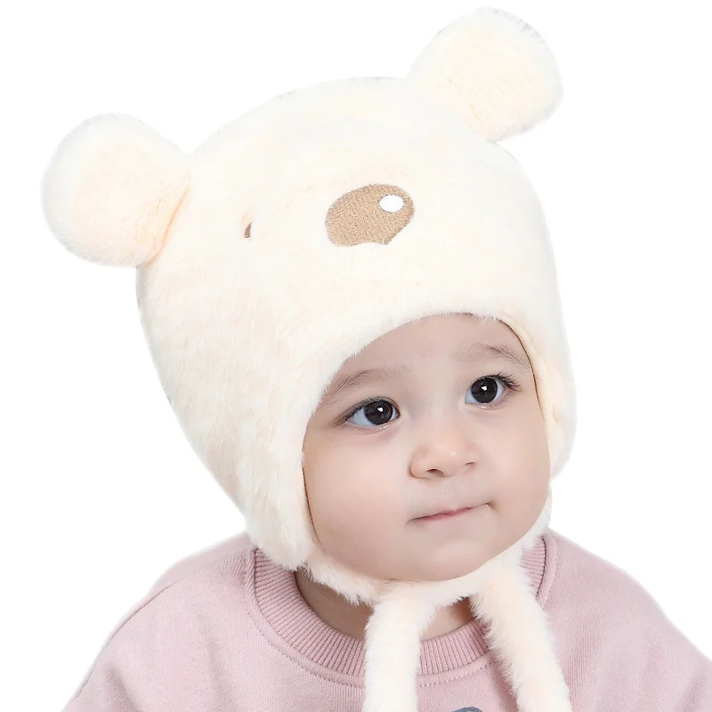 Cute Bear Ears Baby Hat Newborn Winter Beanie For Boys Lace Up Ear Protect Warm Hat Autumn Soft