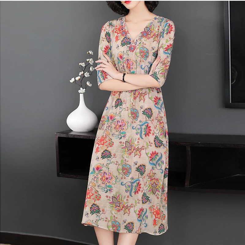 

Elegant Faux Silk Women Dress large size Slim Summer Dress Elasticity High Waist Three Quarter Sleeve Sexy Flower Print Dresses