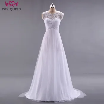 

Court train Sleeveless Plus Size Ivory White High Waist LA line Beach Wedding Gown Lace Tulle Pregnant Wedding Dress W0196