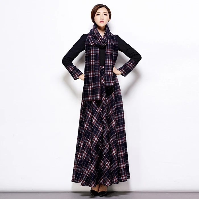 2017 Spring New Women Plaid Wool Dress Casual Maxi Long Dress Plus Size Long Sleeve Woolen