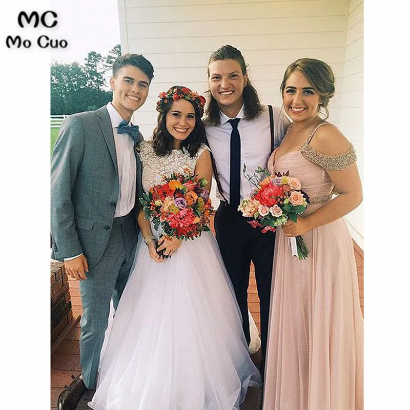 A-Line V-Neck Floor-Length Blush Chiffon Prom Bridesmaid Dress with Beading32