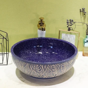

Art wash basin Ceramic Counter Top wash sink round carving ceramic Wash Basin Bathroom Sinks
