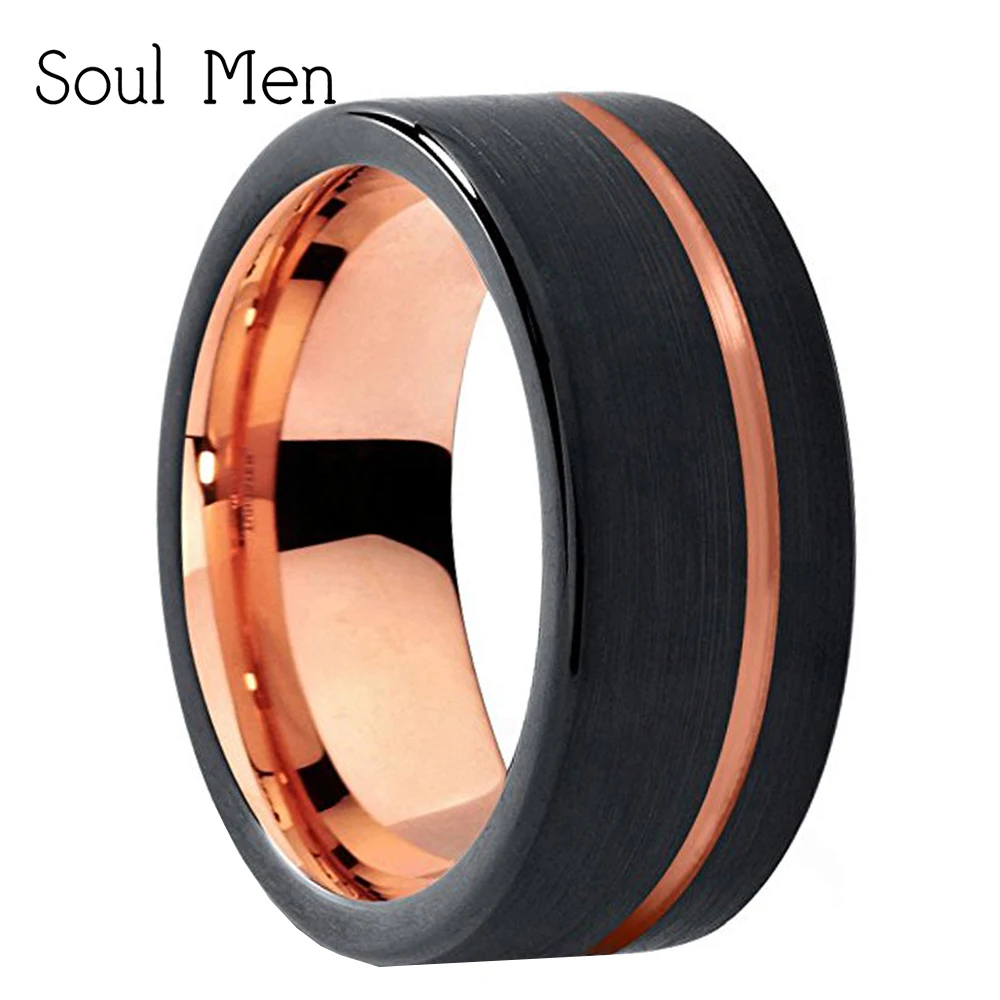 

Tungsten Wedding Band Ring 8mm for Men Women Black & Rose Gold Color Pipe Cut Brushed Polish Size 8.5 9 9.5 10